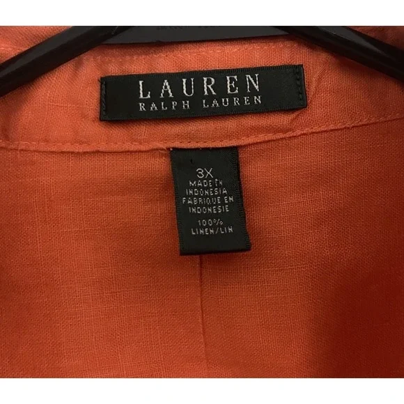 Lauren Ralph Lauren Women's Orange 100% Linen Button Up Long Sleeve Shirt 3X - Picture 5 of 6